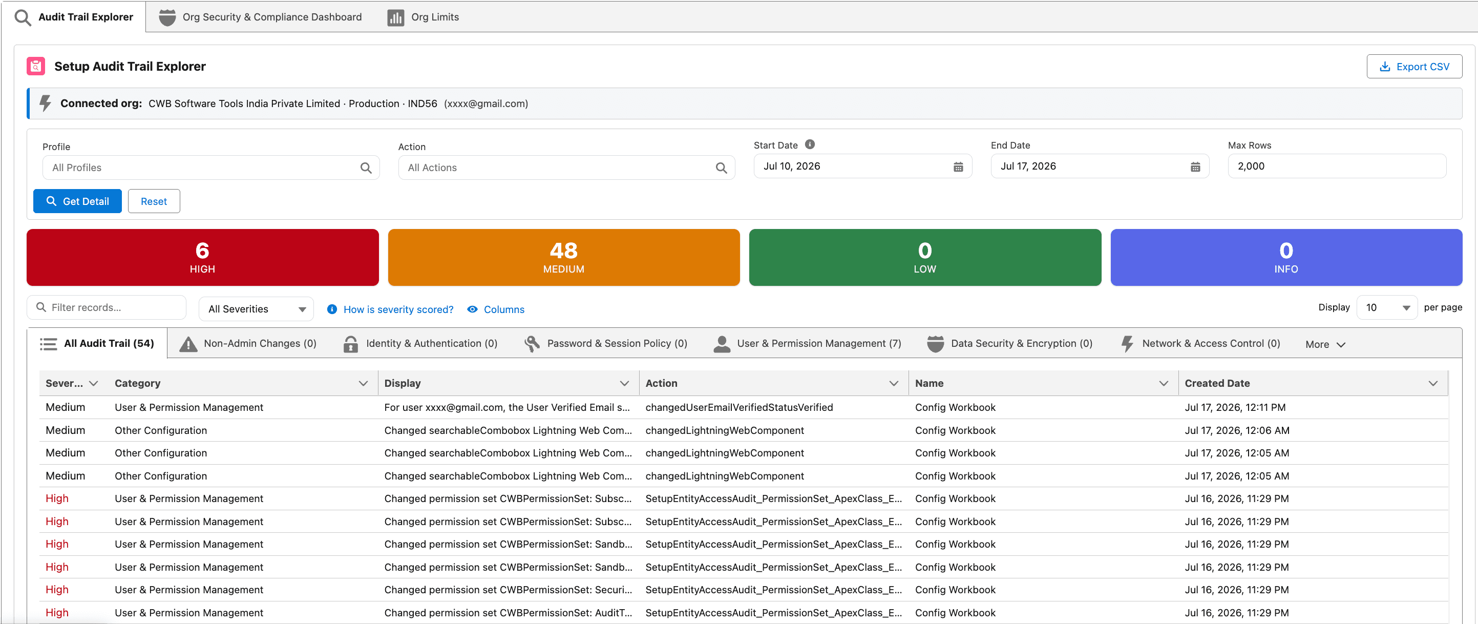 Audit Trail Explorer showing severity-scored setup audit trail entries