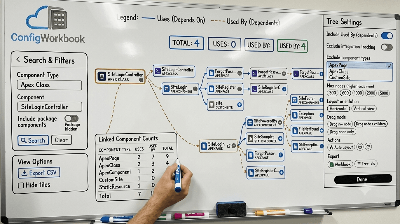 Dependency Explorer showing an Apex class with its Uses and Used By relationships in Tree View