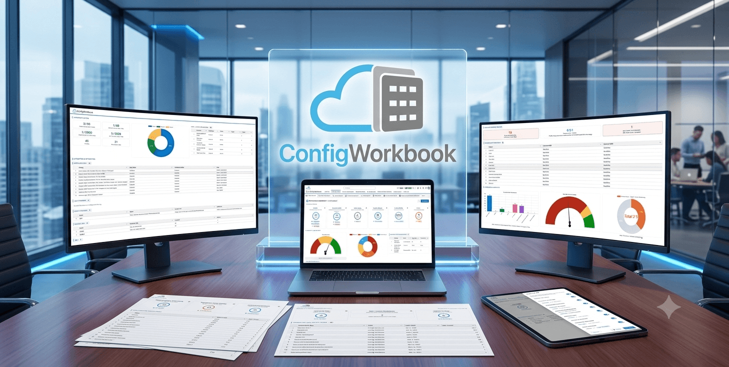 Config Workbook dashboard showing object, permission set, and profile reports
