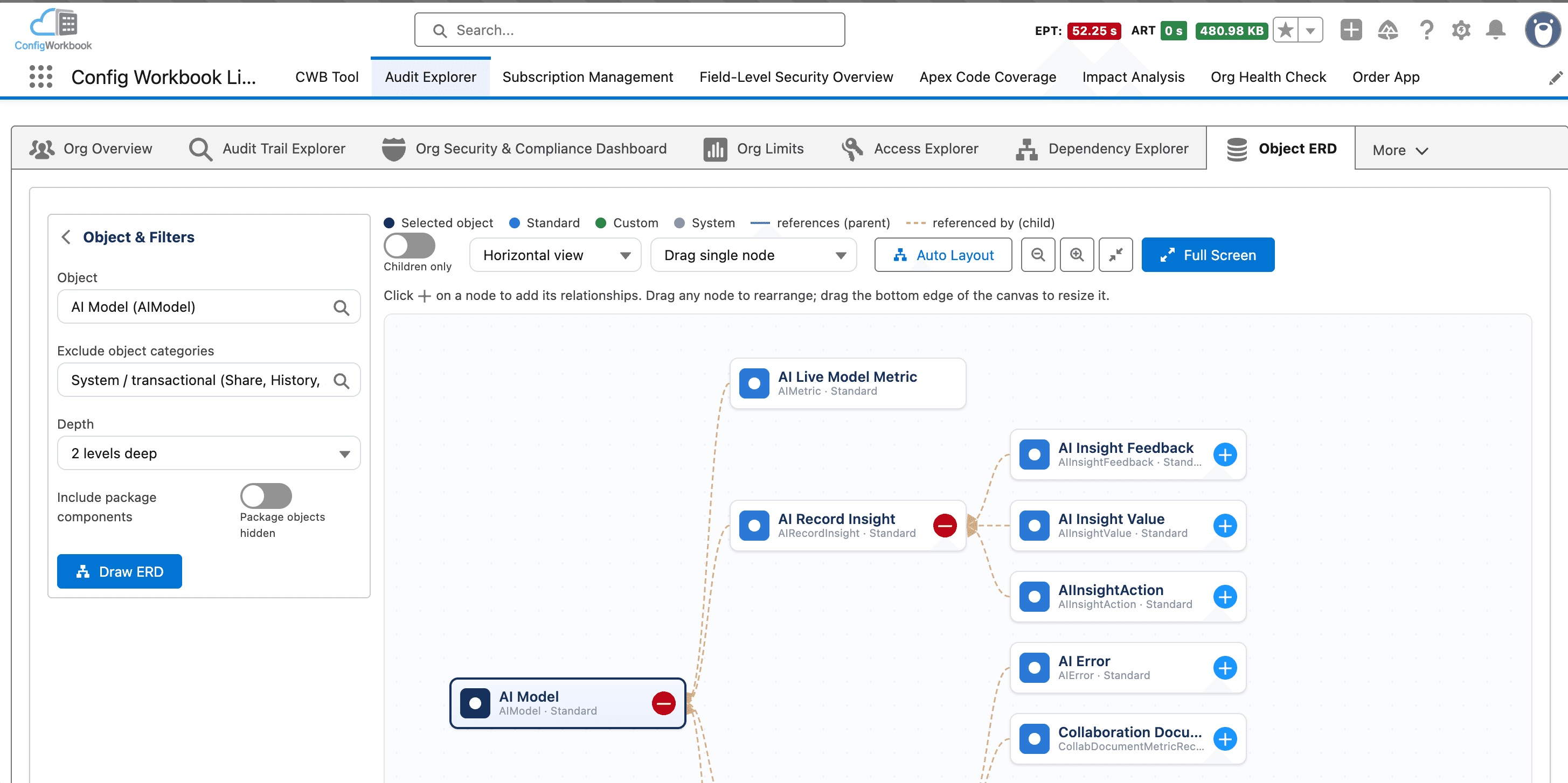 Object ERD builder with object filters and a two-level relationship diagram for AI Model