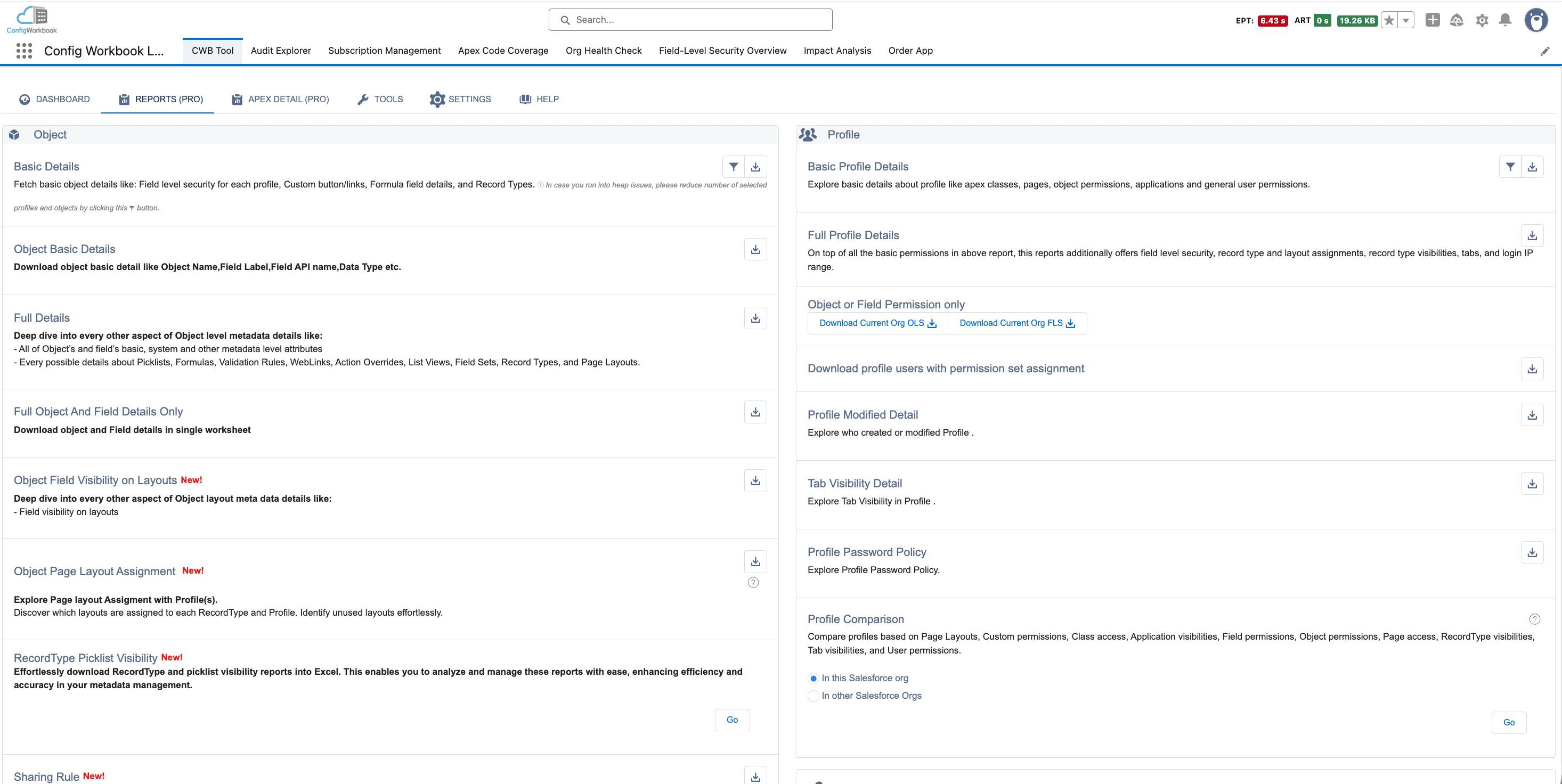 Config Workbook dashboard showing object, profile, and permission set reports